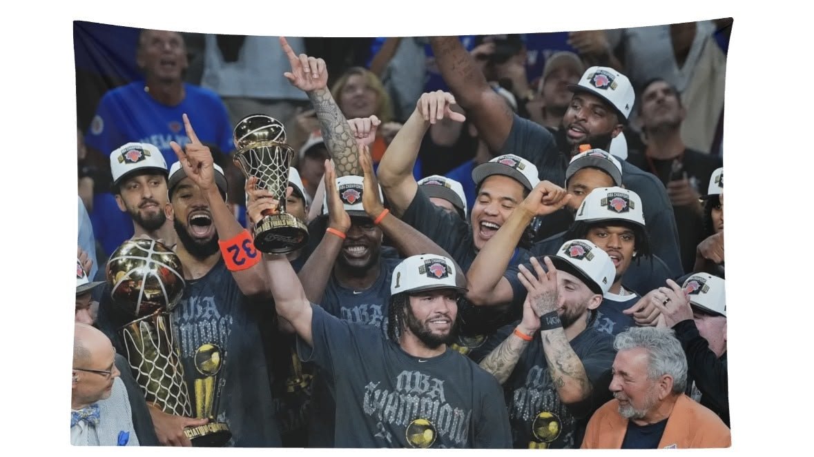 New York Knicks NBA Finals Trophy Celebration Flag - AthleteFlags